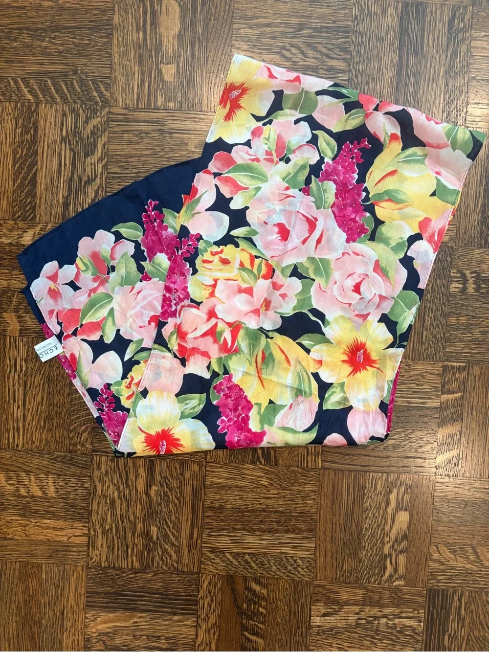 Echo Floral Silk Scarf in Navy, Pink, Yellow & Green